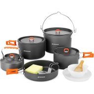 Odoland 18pcs Camping Cookware Large Size Hanging Pot Pan Kettle Set with Plastic Plates Bowls Soup Spoon for Camping, Backpacking, Outdoor Cooking and Picnic