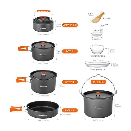  Odoland 18pcs Camping Cookware Large Size Hanging Pot Pan Kettle Set with Plastic Plates Bowls Soup Spoon for Camping, Backpacking, Outdoor Cooking and Picnic