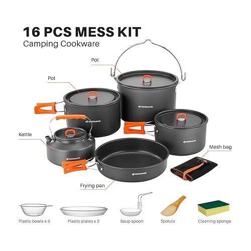  Odoland 18pcs Camping Cookware Large Size Hanging Pot Pan Kettle Set with Plastic Plates Bowls Soup Spoon for Camping, Backpacking, Outdoor Cooking and Picnic