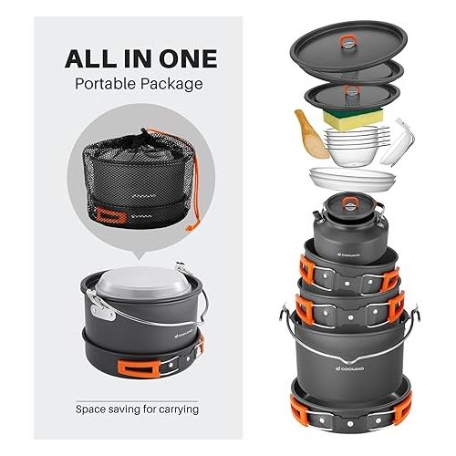  Odoland 18pcs Camping Cookware Large Size Hanging Pot Pan Kettle Set with Plastic Plates Bowls Soup Spoon for Camping, Backpacking, Outdoor Cooking and Picnic