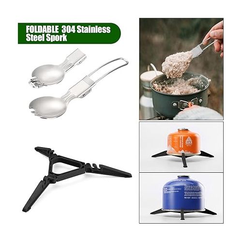  Odoland 8pcs Camping Cookware Mess Kit, Camping Pot and Pan Set with Mini Backpacking Stove, Stainless Steel Cup, Spork and Tank Bracket, Cooking Gear for Outdoor, Hiking, Picnic, Campfire