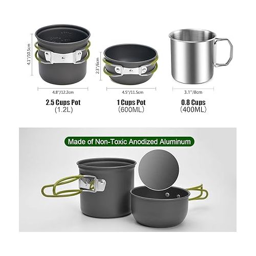  Odoland 8pcs Camping Cookware Mess Kit, Camping Pot and Pan Set with Mini Backpacking Stove, Stainless Steel Cup, Spork and Tank Bracket, Cooking Gear for Outdoor, Hiking, Picnic, Campfire