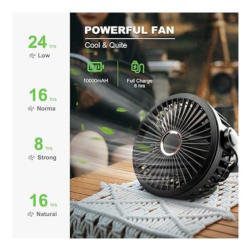  Odoland 10000mAh Camping Rechargeable Fan with Hanging Hook Carabiner, Portable Battery Operated Tent Fan, Quiet Strong Airflow, Outdoor Small Fan USB Desk Fan for Picnic Travel Barbecue Fishing