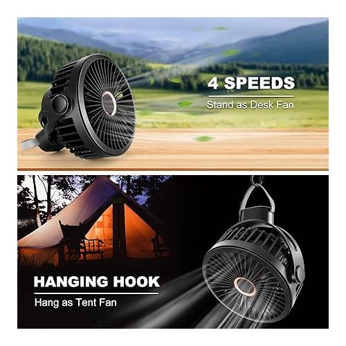  Odoland 10000mAh Camping Rechargeable Fan with Hanging Hook Carabiner, Portable Battery Operated Tent Fan, Quiet Strong Airflow, Outdoor Small Fan USB Desk Fan for Picnic Travel Barbecue Fishing