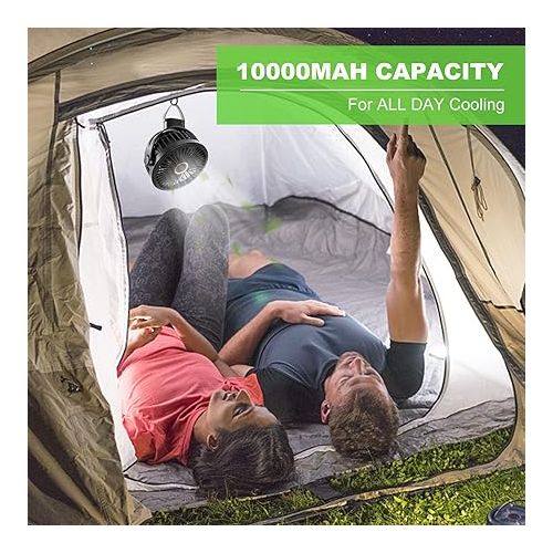  Odoland 10000mAh Camping Rechargeable Fan with Hanging Hook Carabiner, Portable Battery Operated Tent Fan, Quiet Strong Airflow, Outdoor Small Fan USB Desk Fan for Picnic Travel Barbecue Fishing