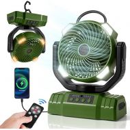 Odoland Portable Camping Fan with LED Light, 30000mAh Rechargeable Battery Operated Oscillating Fan with Remote & Hook, Outdoor Tent Fan with Timer, 4 Speeds for Power Outage Travel Jobsite, Green