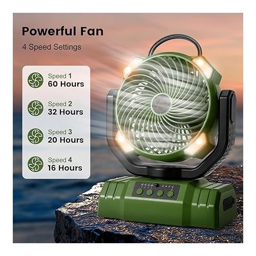  Odoland Portable Camping Fan with LED Light, 30000mAh Rechargeable Battery Operated Oscillating Fan with Remote & Hook, Outdoor Tent Fan with Timer, 4 Speeds for Power Outage Travel Jobsite, Green