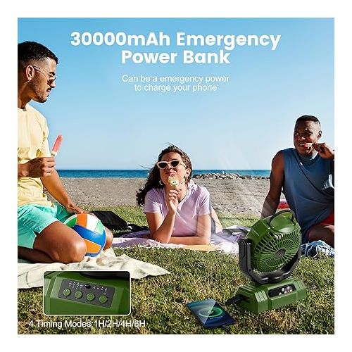  Odoland Portable Camping Fan with LED Light, 30000mAh Rechargeable Battery Operated Oscillating Fan with Remote & Hook, Outdoor Tent Fan with Timer, 4 Speeds for Power Outage Travel Jobsite, Green