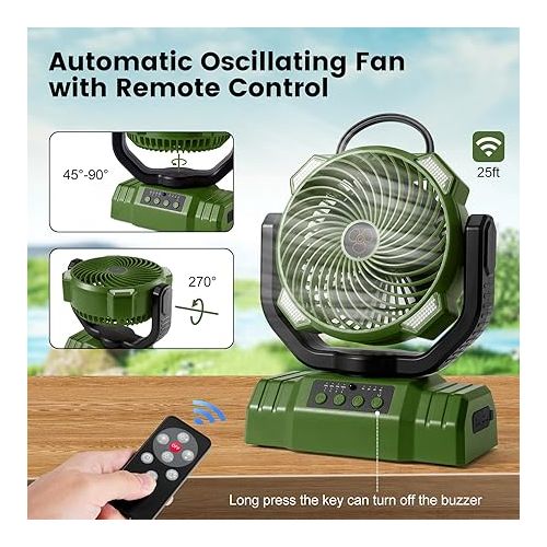  Odoland Portable Camping Fan with LED Light, 30000mAh Rechargeable Battery Operated Oscillating Fan with Remote & Hook, Outdoor Tent Fan with Timer, 4 Speeds for Power Outage Travel Jobsite, Green