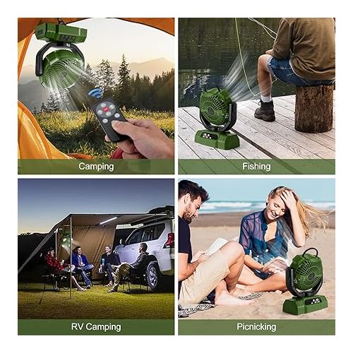  Odoland Portable Camping Fan with LED Light, 30000mAh Rechargeable Battery Operated Oscillating Fan with Remote & Hook, Outdoor Tent Fan with Timer, 4 Speeds for Power Outage Travel Jobsite, Green