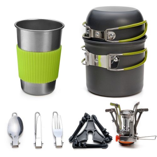  [아마존 핫딜]  [아마존핫딜]Odoland Camping Geschirr Set 9 teiliges kochset - inkl. Aluminium Camping Toepfe, Becher, Faltbare Besteck, Mini Campingkocher fuer Schraubkartusche u.Tankhalterung fuer Gaskartusche