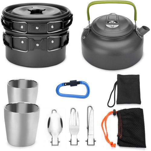  [아마존 핫딜]  [아마존핫딜]Odoland Camping Geschirr Set Camping Kochset inkl. Camping Toepfen mit 1.1 L Camping Teekessel u. Campingbesteck und Becher, Leicht Aluminium Campingtoepfe Set Faltbare Kochgeschirr