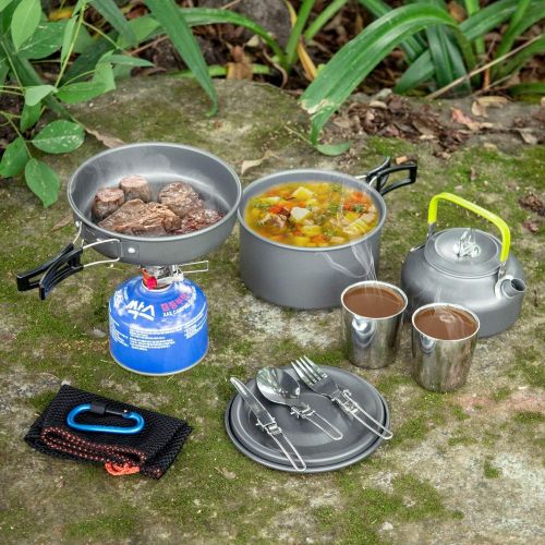  [아마존 핫딜]  [아마존핫딜]Odoland Camping Geschirr Set Camping Kochset inkl. Camping Toepfen mit 1.1 L Camping Teekessel u. Campingbesteck und Becher, Leicht Aluminium Campingtoepfe Set Faltbare Kochgeschirr