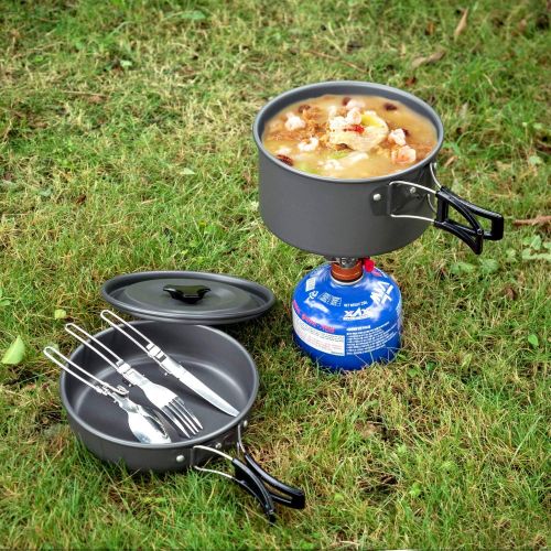  [아마존 핫딜]  [아마존핫딜]Odoland Camping Geschirr Set Camping Kochset inkl. Camping Toepfen mit 1.1 L Camping Teekessel u. Campingbesteck und Becher, Leicht Aluminium Campingtoepfe Set Faltbare Kochgeschirr