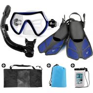 Odoland Snorkel Set 6-in-1 Snorkeling Packages, Diving Mask with Splash Guard Snorkel and Adjustable Swim Fins and Lightweight Mesh Bag and Waterproof Case and Beach Blanket
