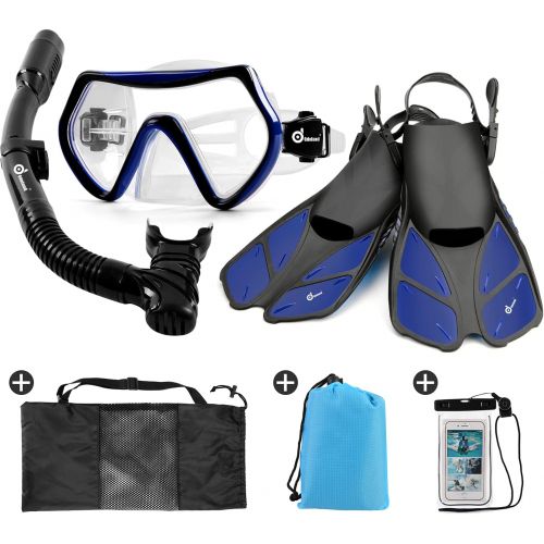  Odoland Snorkel Set 6-in-1 Snorkeling Packages, Diving Mask with Splash Guard Snorkel and Adjustable Swim Fins and Lightweight Mesh Bag and Waterproof Case and Beach Blanket