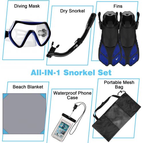  Odoland Snorkel Set 6-in-1 Snorkeling Packages, Diving Mask with Splash Guard Snorkel and Adjustable Swim Fins and Lightweight Mesh Bag and Waterproof Case and Beach Blanket