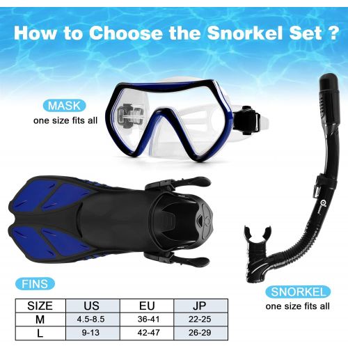  Odoland Snorkel Set 6-in-1 Snorkeling Packages, Diving Mask with Splash Guard Snorkel and Adjustable Swim Fins and Lightweight Mesh Bag and Waterproof Case and Beach Blanket