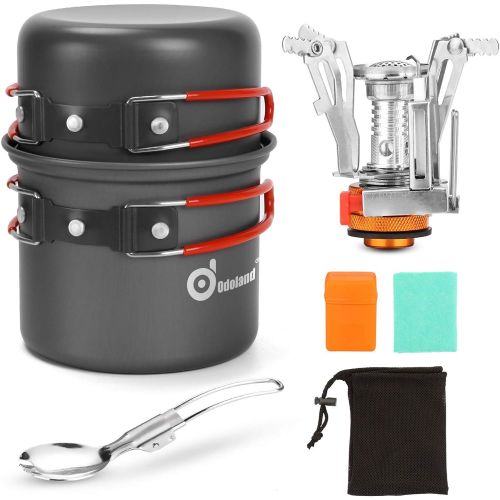  Odoland 6pcs Camping Cookware Mess Kit with Lightweight Pot, Stove, Spork and Carry Mesh Bag, Great for Backpacking Outdoor Camping Hiking and Picnic