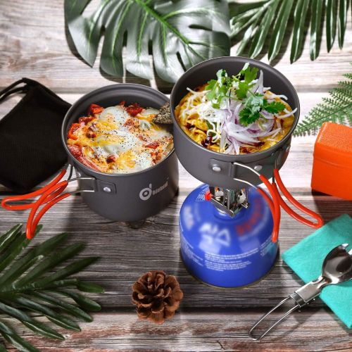  Odoland 6pcs Camping Cookware Mess Kit with Lightweight Pot, Stove, Spork and Carry Mesh Bag, Great for Backpacking Outdoor Camping Hiking and Picnic