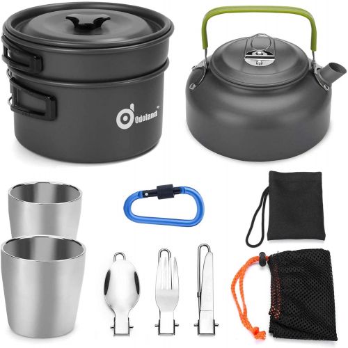  Odoland 10pcs Camping Cookware Mess Kit, Lightweight Pot Pan Kettle with 2 Cups, Fork Knife Spoon Kit for Backpacking, Outdoor Camping Hiking and Picnic