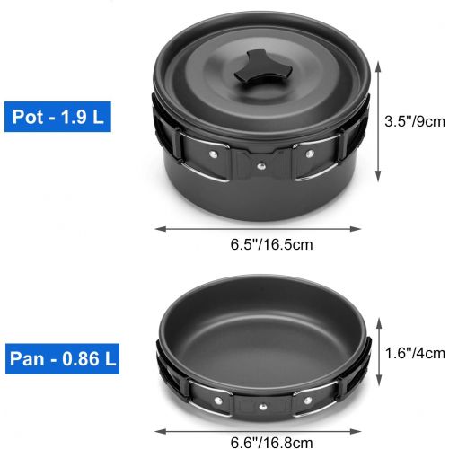  Odoland 10pcs Camping Cookware Mess Kit, Lightweight Pot Pan Kettle with 2 Cups, Fork Knife Spoon Kit for Backpacking, Outdoor Camping Hiking and Picnic