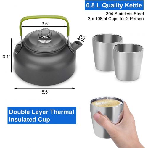  Odoland 10pcs Camping Cookware Mess Kit, Lightweight Pot Pan Kettle with 2 Cups, Fork Knife Spoon Kit for Backpacking, Outdoor Camping Hiking and Picnic
