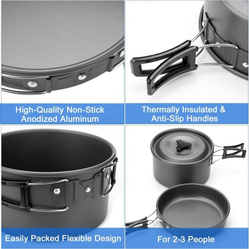  Odoland 10pcs Camping Cookware Mess Kit, Lightweight Pot Pan Kettle with 2 Cups, Fork Knife Spoon Kit for Backpacking, Outdoor Camping Hiking and Picnic