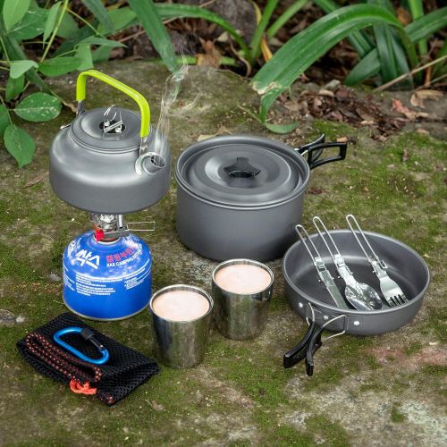  Odoland 10pcs Camping Cookware Mess Kit, Lightweight Pot Pan Kettle with 2 Cups, Fork Knife Spoon Kit for Backpacking, Outdoor Camping Hiking and Picnic