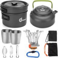 Odoland 12pcs Camping Cookware Mess Kit with Mini Stove, Lightweight Pot Pan Kettle with 2 Cups, Fork Knife Spoon Kit for Backpacking, Outdoor Camping Hiking and Picnic