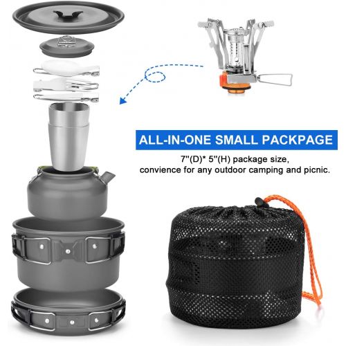 Odoland 12pcs Camping Cookware Mess Kit with Mini Stove, Lightweight Pot Pan Kettle with 2 Cups, Fork Knife Spoon Kit for Backpacking, Outdoor Camping Hiking and Picnic