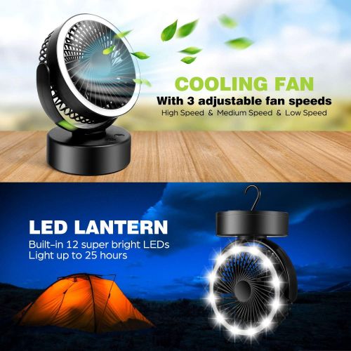  Odoland Portable Camping Fan with LED Lantern, Battery Operated Tent Fan Light Lamp with Hanging Hook for Camping, Hiking, Hurricane, Outages, Emergency Survival Gear