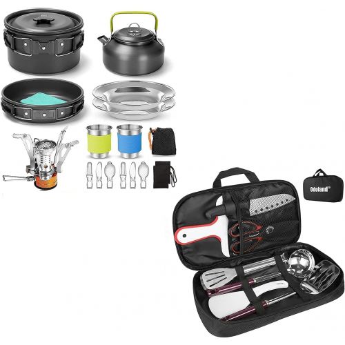  Odoland 16pcs Camping Cookware Mess Kit with Folding Camping Stove and 8 Pcs Camping Cookware Utensils Travel Set