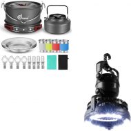 Odoland Bundle ? 2 Items 22pcs Camping Cookware Mess Kit and Portable LED Camping Lantern with Ceiling Fan