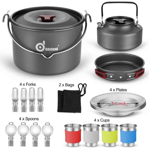  Odoland Bundle ? 2 Items 22pcs Camping Cookware Mess Kit and Portable LED Camping Lantern with Ceiling Fan