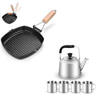 Odoland Bundle ? 2 Items Camping Cookware Frying Pan Grilling Pan with Folding Handle and 4L Camping Kettle Set with 4 Cups