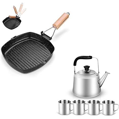  Odoland Bundle ? 2 Items Camping Cookware Frying Pan Grilling Pan with Folding Handle and 4L Camping Kettle Set with 4 Cups