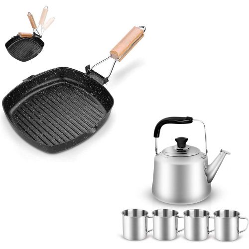  Odoland Bundle ? 2 Items Camping Cookware Frying Pan Grilling Pan with Folding Handle and 4L Camping Kettle Set with 4 Cups