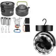 Odoland Bundle ? 2 Items 12pcs Camping Cookware Mess Kit with Mini Stove and LED Camping Lantern with Fan