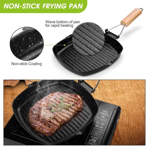  Odoland Camping Cookware Frying Pan Grilling Pan with Folding Handle, Portable Camp Pan Cooking Equipment for Outdoor Camping Hiking and Picnic, Durable and Non Stick