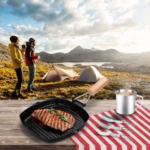  Odoland Camping Cookware Frying Pan Grilling Pan with Folding Handle, Portable Camp Pan Cooking Equipment for Outdoor Camping Hiking and Picnic, Durable and Non Stick
