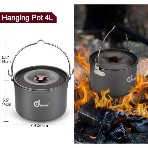  Odoland 22pcs Camping Cookware Mess Kit, Large Size Hanging Pot Pan Kettle with Base Cook Set for 4, Cups Dishes Forks Spoons Kit for Outdoor Camping Hiking Picnic