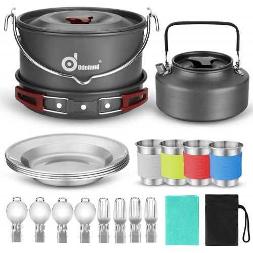  Odoland 22pcs Camping Cookware Mess Kit, Large Size Hanging Pot Pan Kettle with Base Cook Set for 4, Cups Dishes Forks Spoons Kit for Outdoor Camping Hiking Picnic