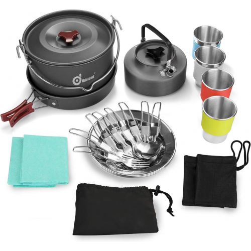  Odoland 22pcs Camping Cookware Mess Kit, Large Size Hanging Pot Pan Kettle with Base Cook Set for 4, Cups Dishes Forks Spoons Kit for Outdoor Camping Hiking Picnic