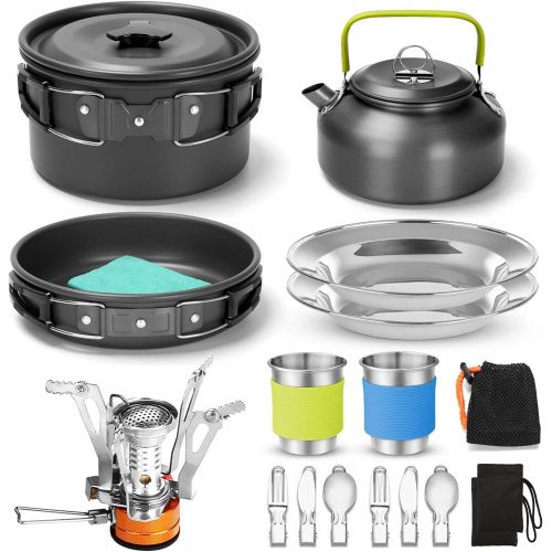  Odoland 16pcs Camping Cookware Set with Folding Camping Stove, Non-Stick Lightweight Pot Pan Kettle Set with Stainless Steel Cups Plates Forks Knives Spoons for Camping Backpacking