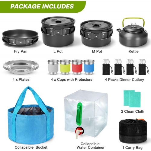  Odoland 29pcs Camping Cookware Mess Kit, Non-Stick Lightweight Pots Pan Kettle, Collapsible Water Container and Bucket, Stainless Steel Cups Plates Forks Knives Spoons for Outdoor