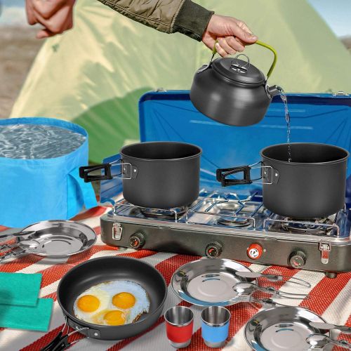  Odoland 29pcs Camping Cookware Mess Kit, Non-Stick Lightweight Pots Pan Kettle, Collapsible Water Container and Bucket, Stainless Steel Cups Plates Forks Knives Spoons for Outdoor