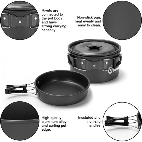  Odoland 15pcs Camping Cookware Mess Kit, Non-Stick Lightweight Pot Pan Kettle Set with Stainless Steel Cups Plates Forks Knives Spoons for Camping, Backpacking, Outdoor Cooking and