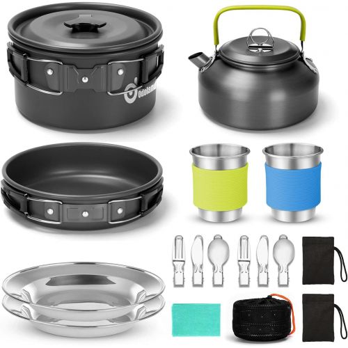  Odoland 15pcs Camping Cookware Mess Kit, Non-Stick Lightweight Pot Pan Kettle Set with Stainless Steel Cups Plates Forks Knives Spoons for Camping, Backpacking, Outdoor Cooking and