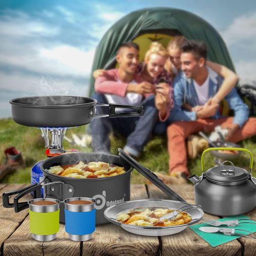  Odoland 15pcs Camping Cookware Mess Kit, Non-Stick Lightweight Pot Pan Kettle Set with Stainless Steel Cups Plates Forks Knives Spoons for Camping, Backpacking, Outdoor Cooking and